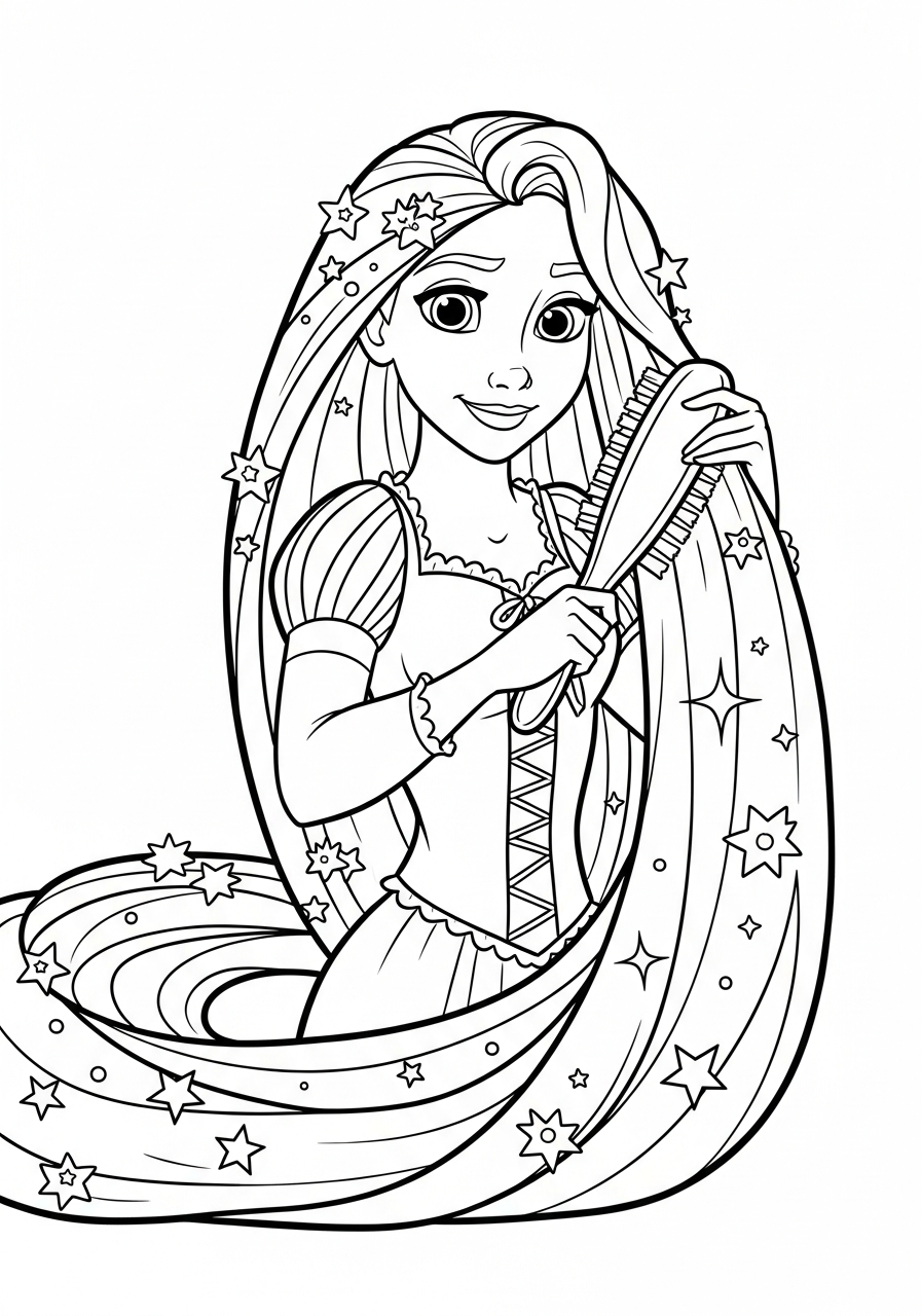 Rapunzel brushing magic sparkling hair coloring page
