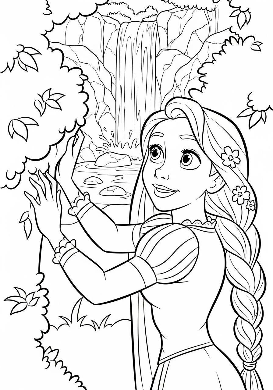 Rapunzel discovering hidden waterfall forest coloring page