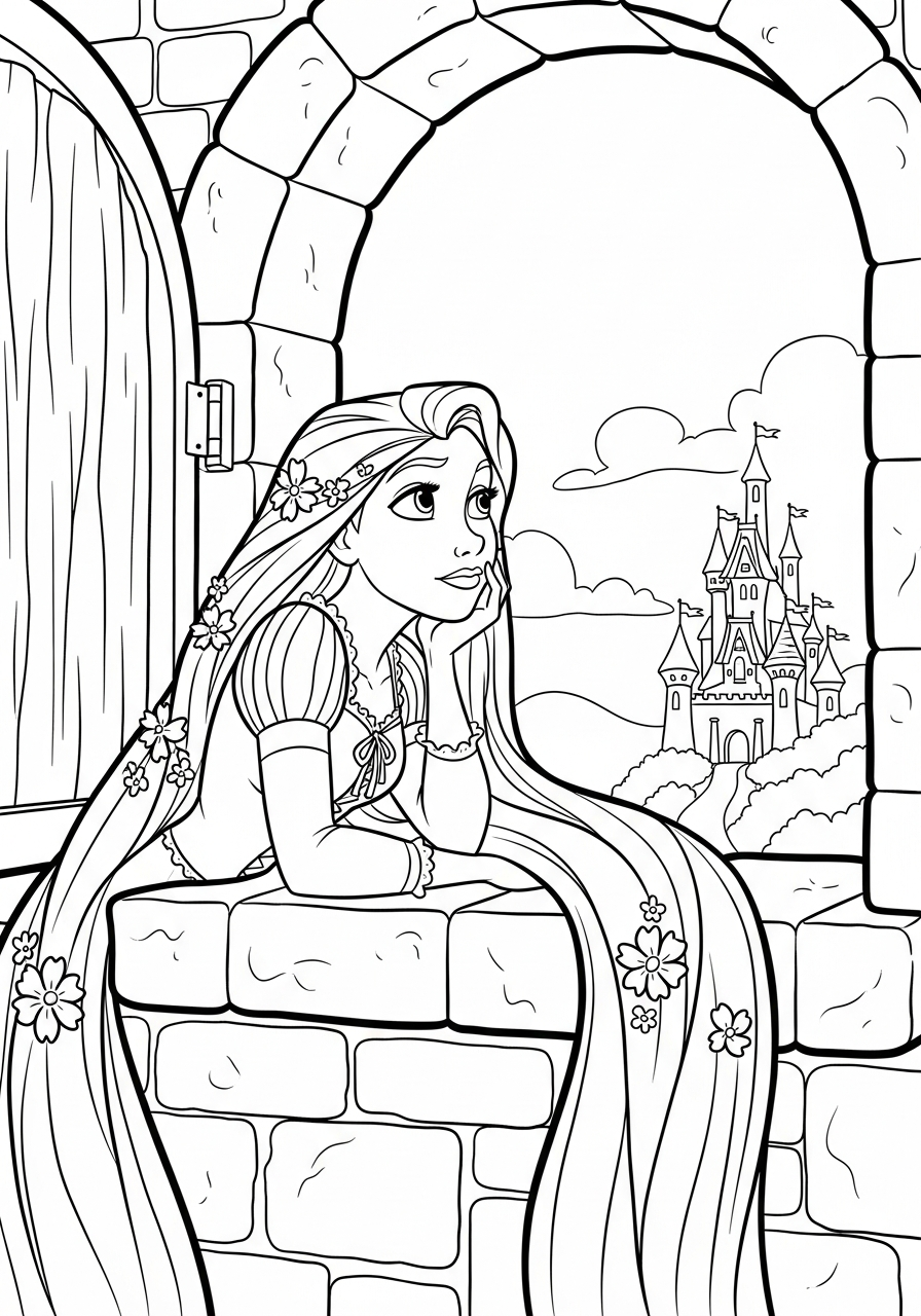 Rapunzel gazing out tower window coloring page