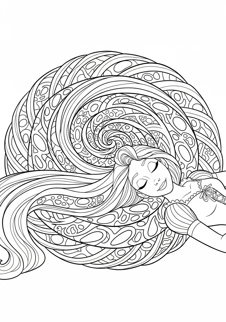 Rapunzel hair spiraling in circle coloring page