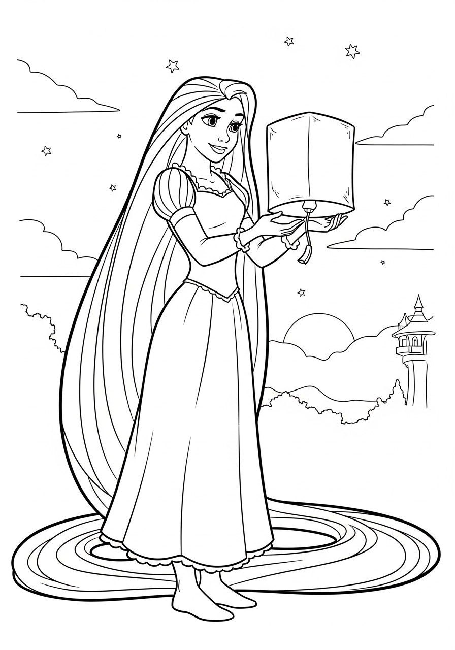 Rapunzel holding floating paper lantern coloring page