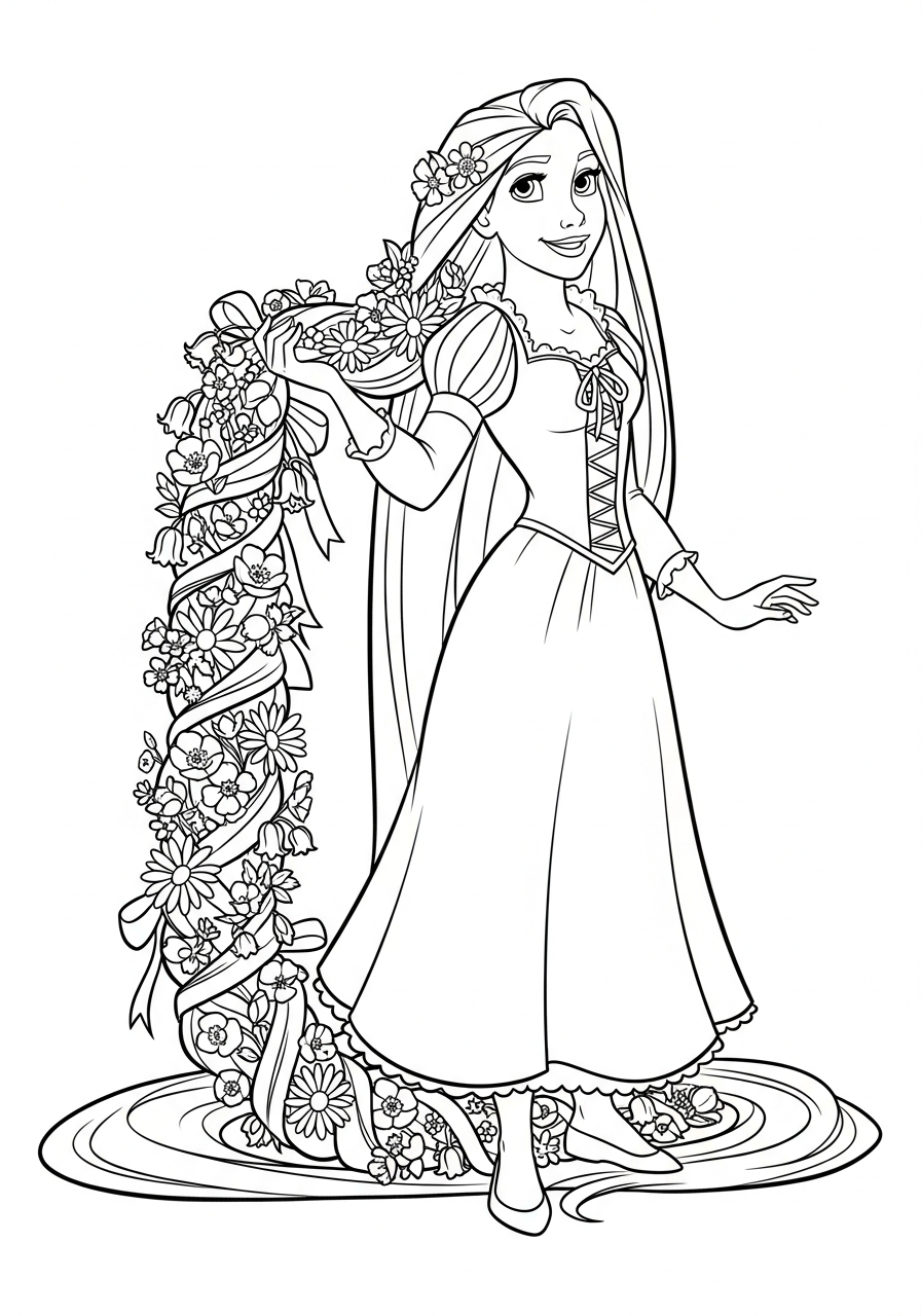 Rapunzel holding thick flower braid coloring page