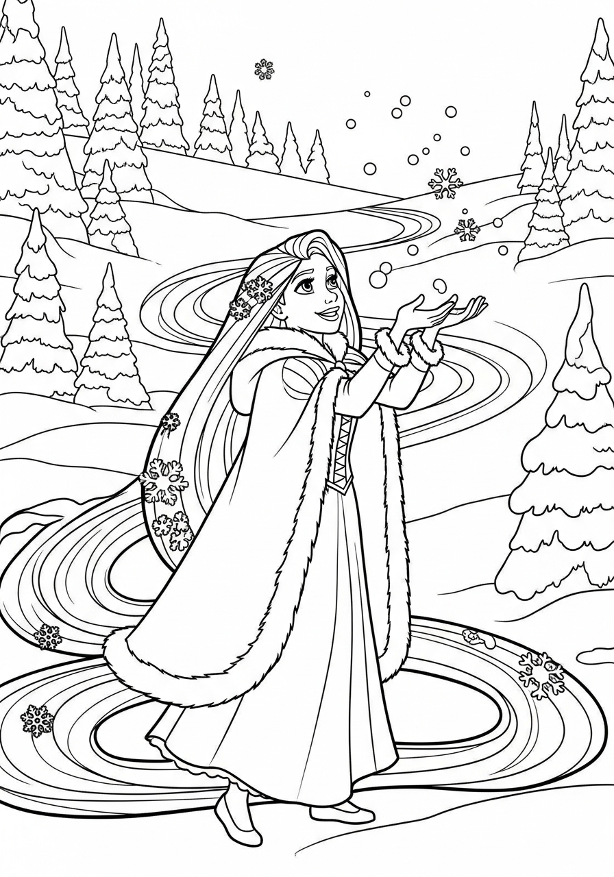 Rapunzel in winter snow cloak coloring page