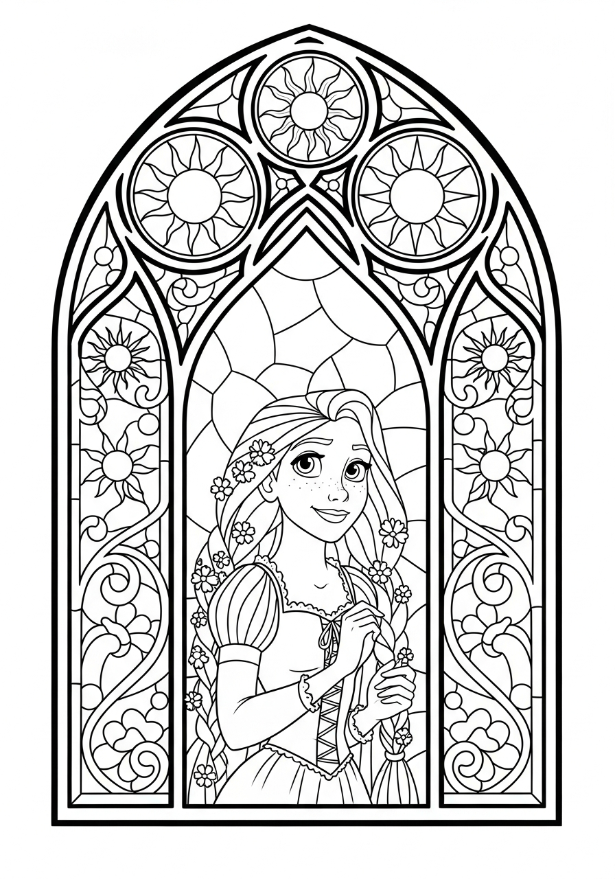 Rapunzel inside stained glass window coloring page