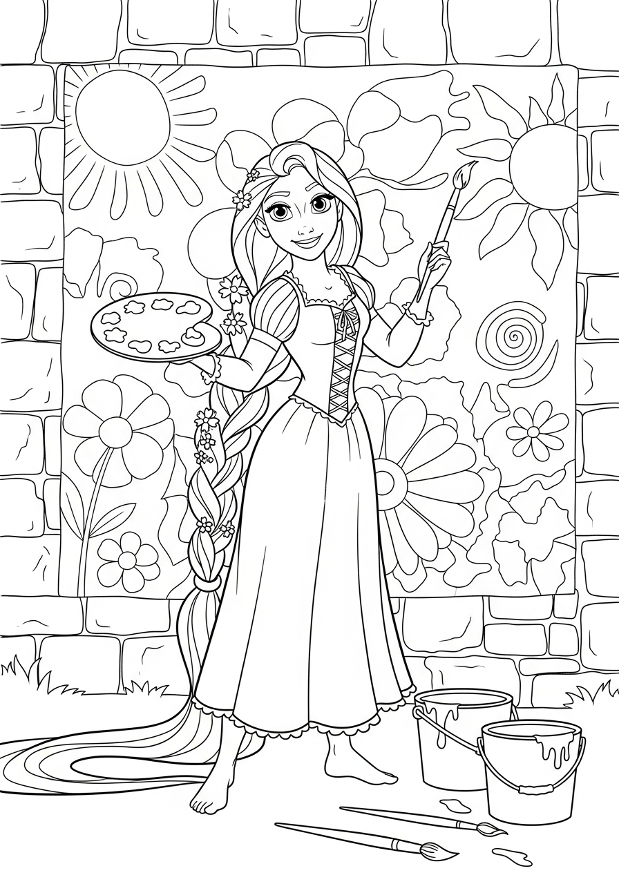 Rapunzel painting mural on wall coloring page
