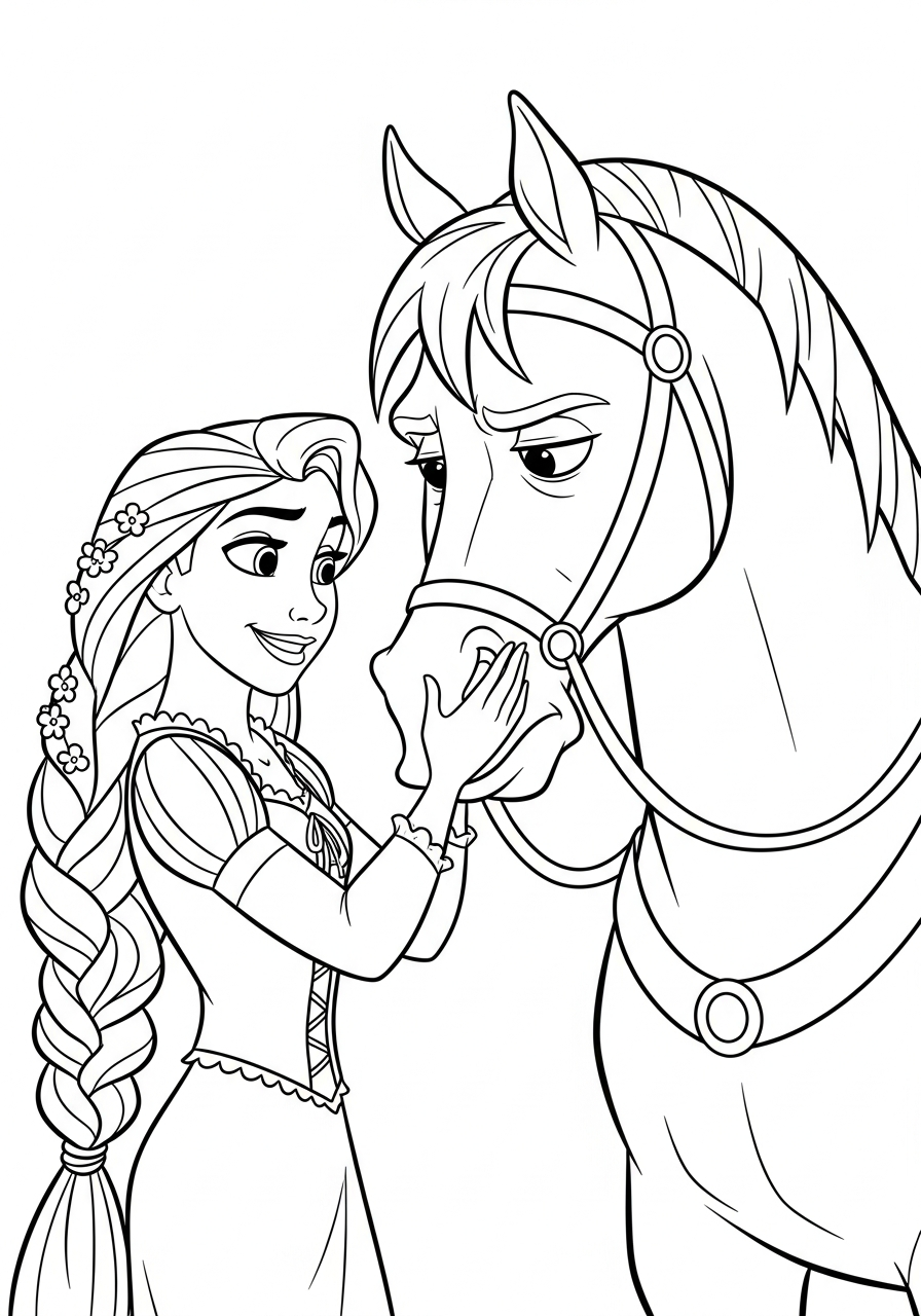 Rapunzel patting Maximus the horse coloring page