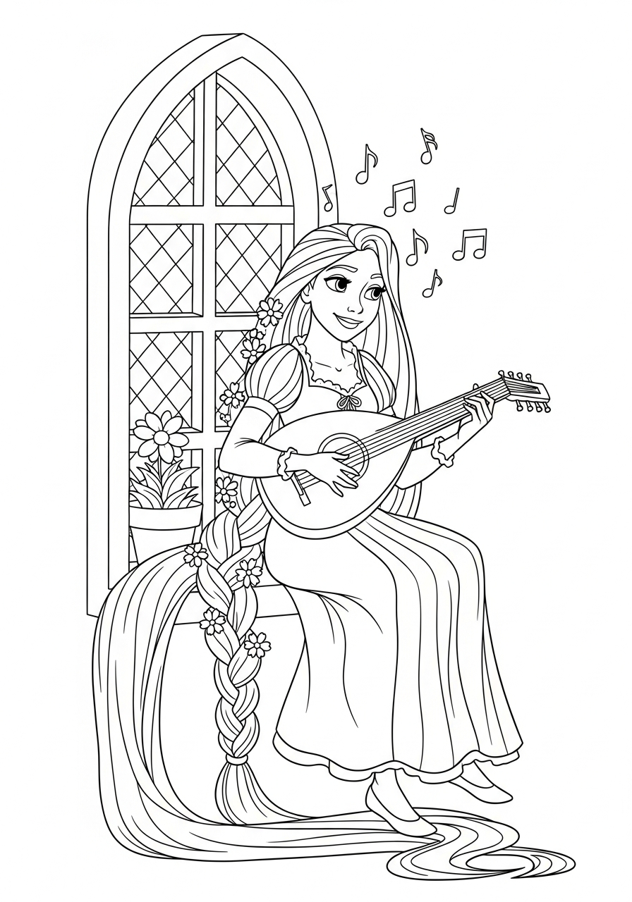 Rapunzel playing guitar music instrument coloring page