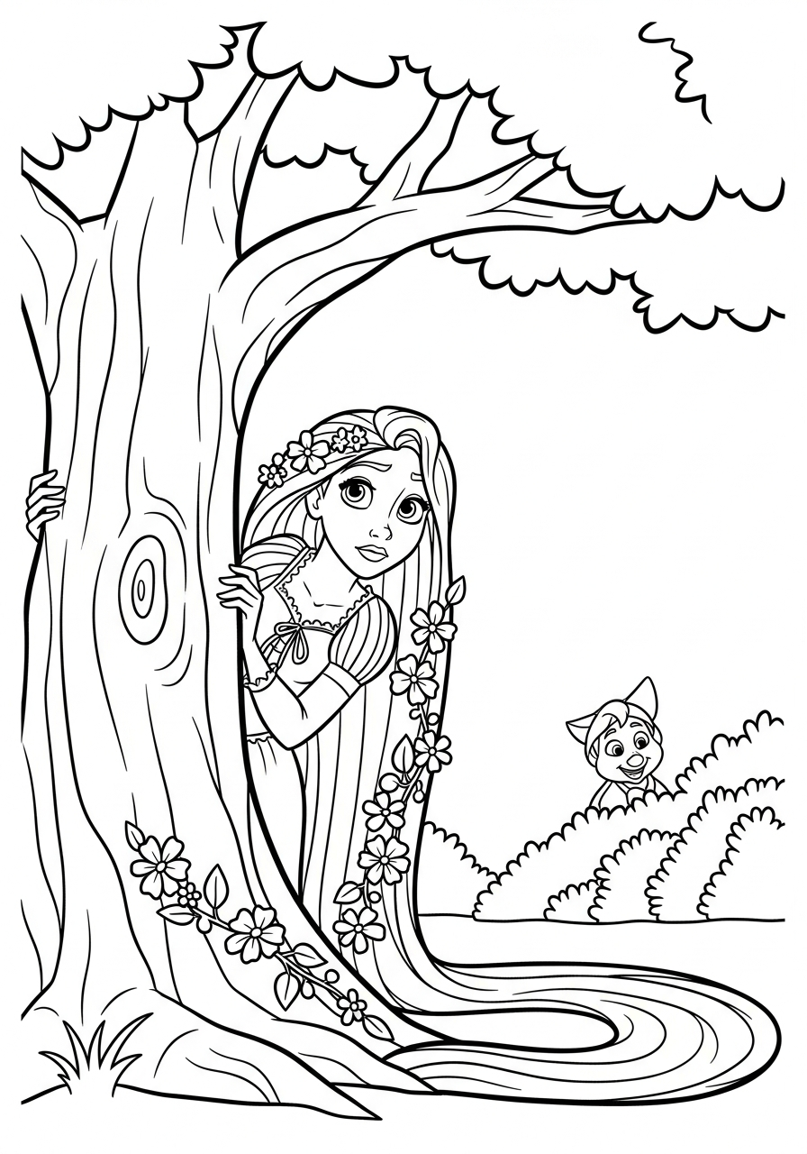 Rapunzel playing hide and seek coloring page