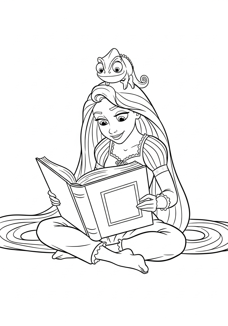 Rapunzel reading book with Pascal coloring page