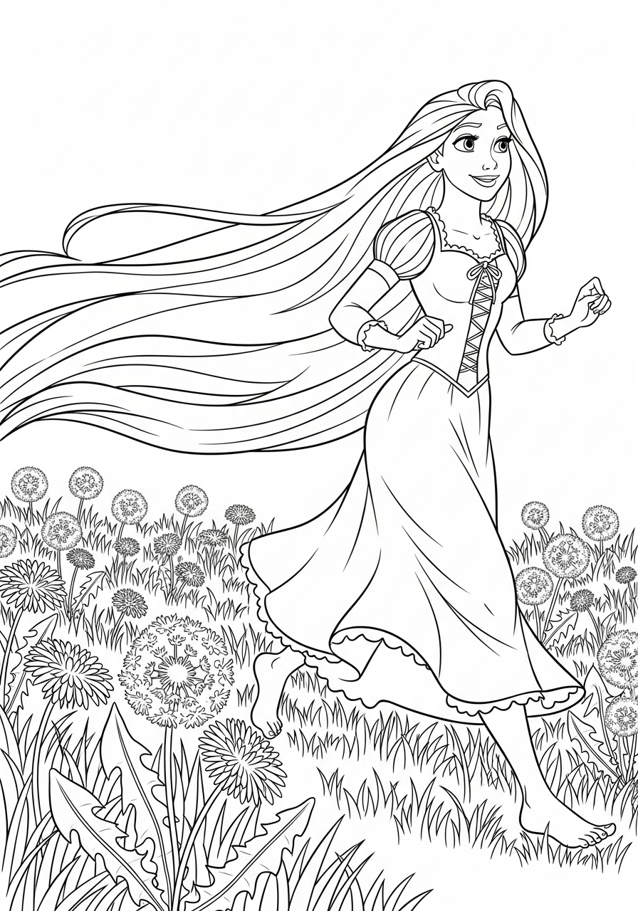 Rapunzel running through grass field coloring page