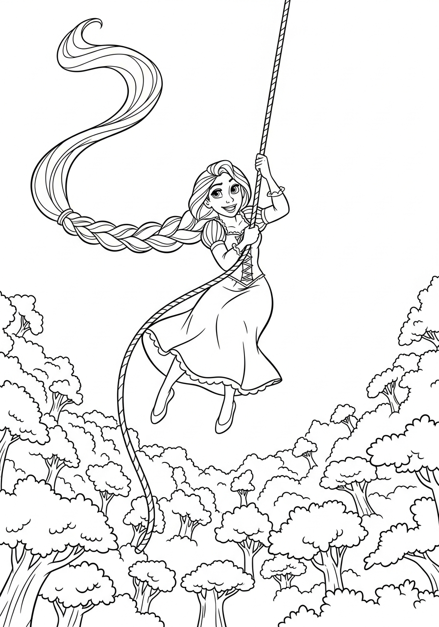 Rapunzel sliding down forest rope coloring page