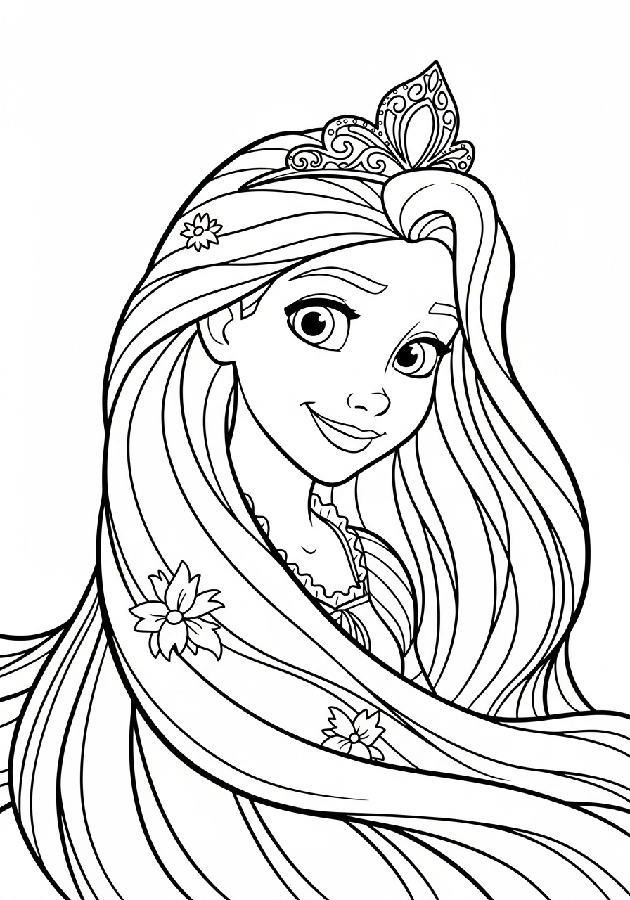 Rapunzel smiling with long hair coloring page