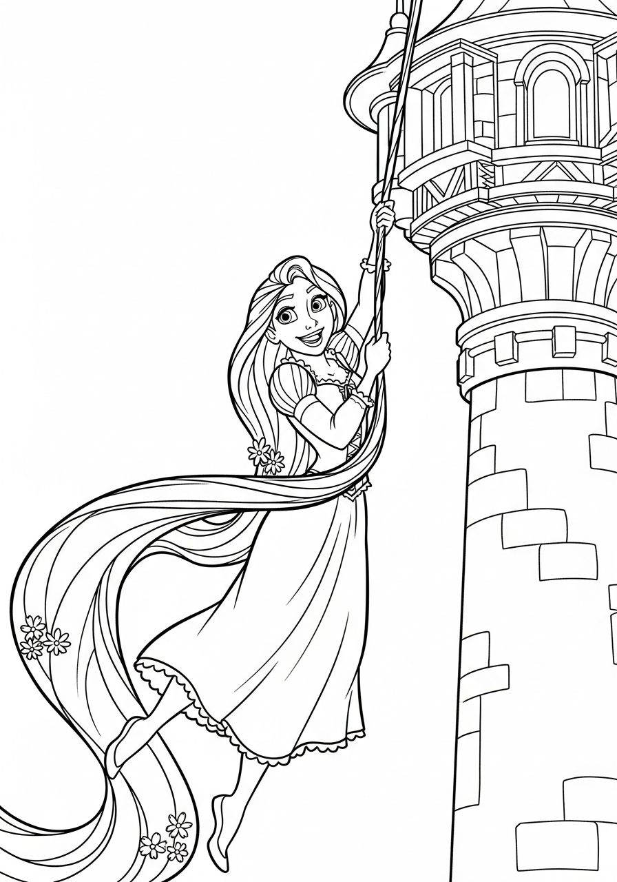 Rapunzel swinging on hair rope coloring page