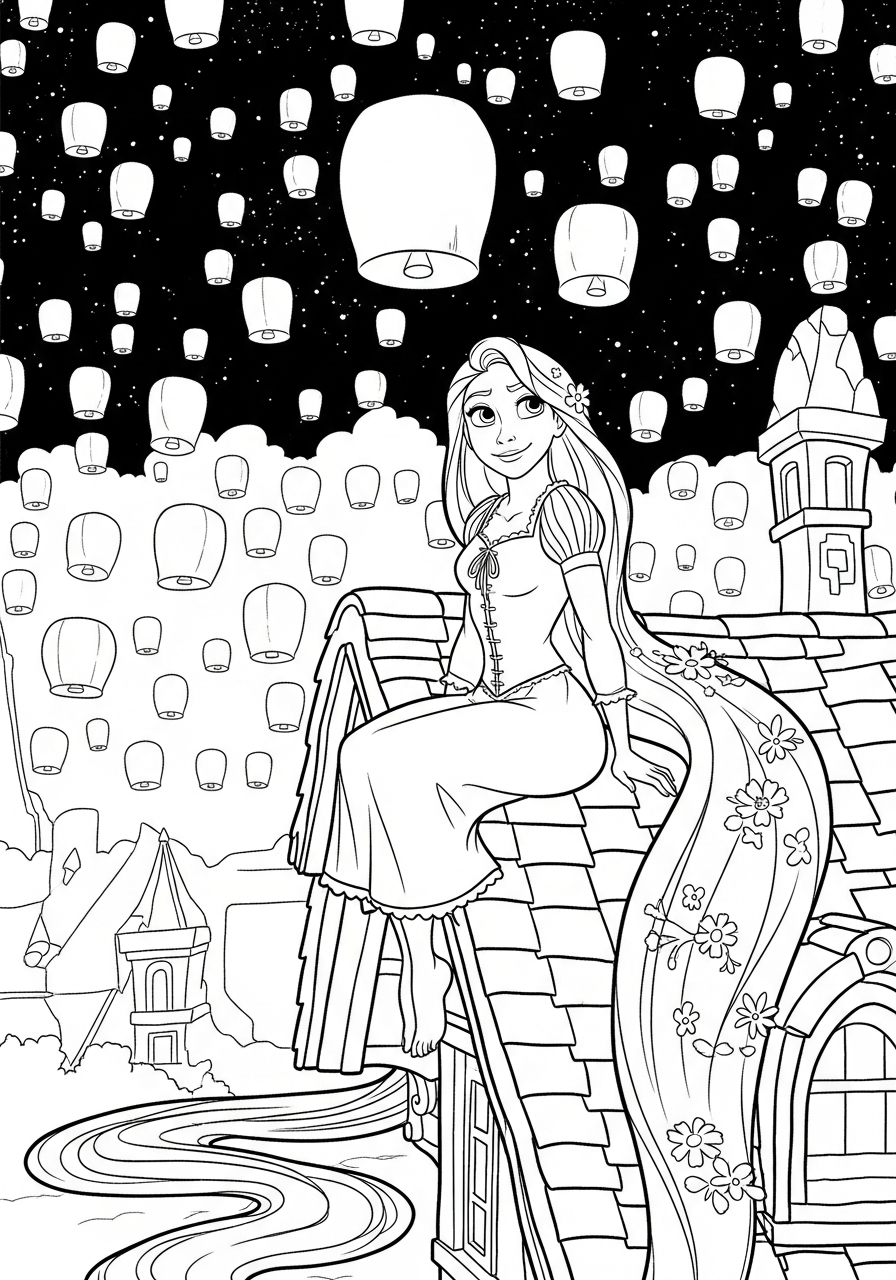 Rapunzel watching lanterns in sky coloring page