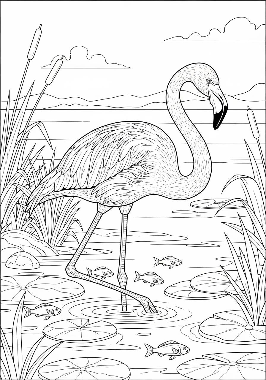 Realistic flamingo in natural habitat coloring page