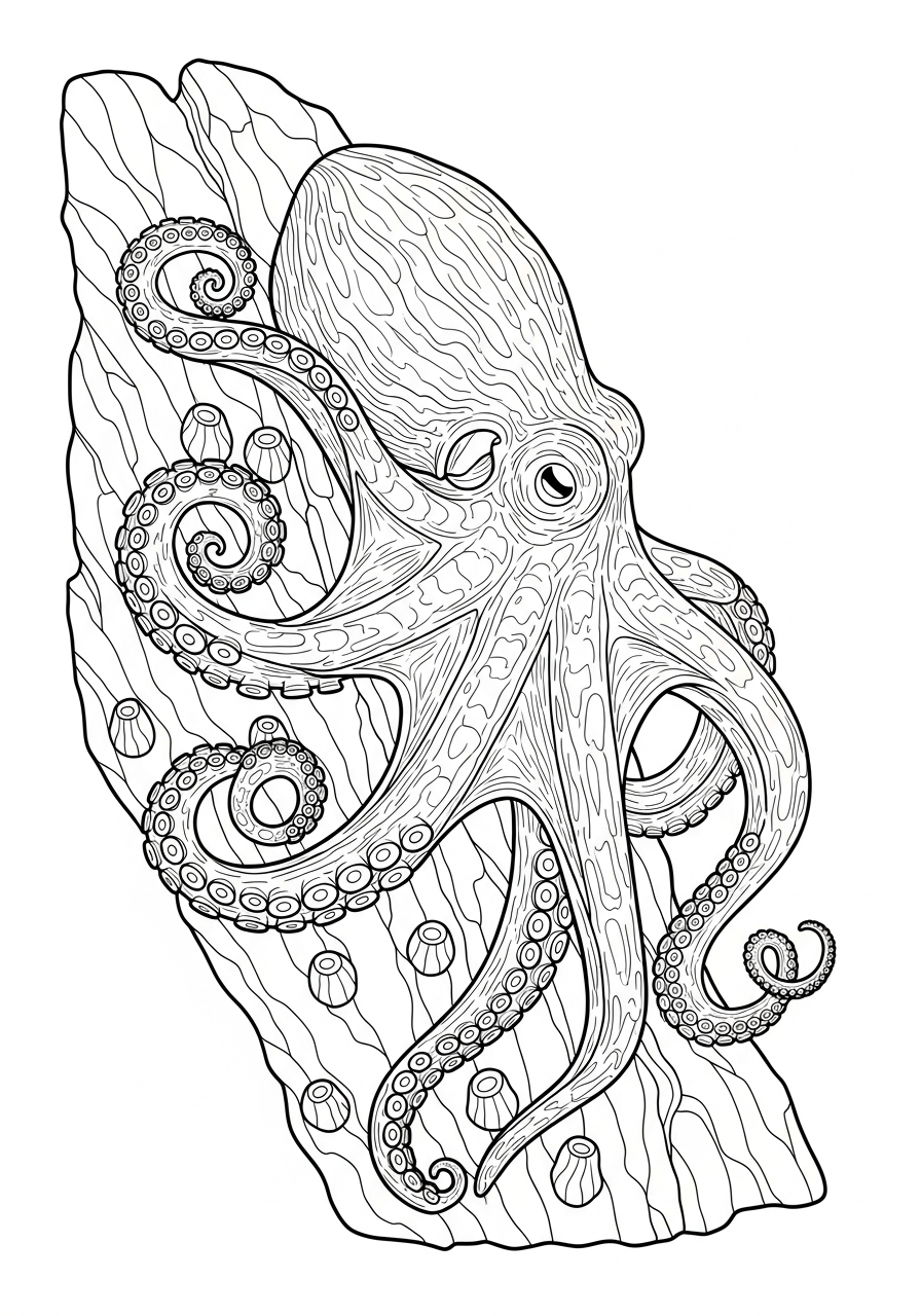 Realistic octopus on rocks coloring page