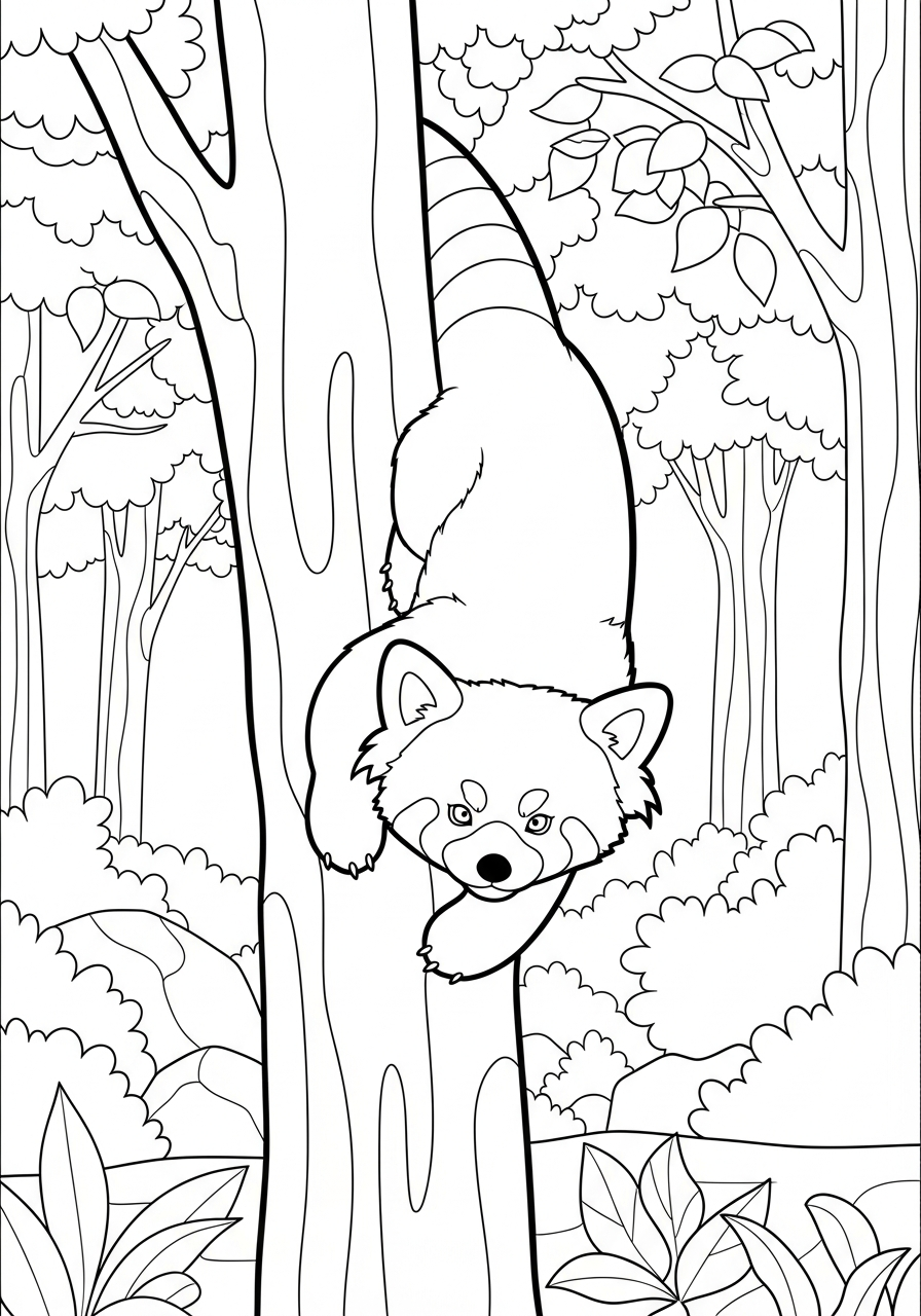 Red panda climbing a tree coloring page