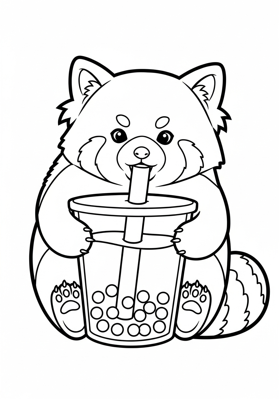 Red panda drinking bubble tea coloring page