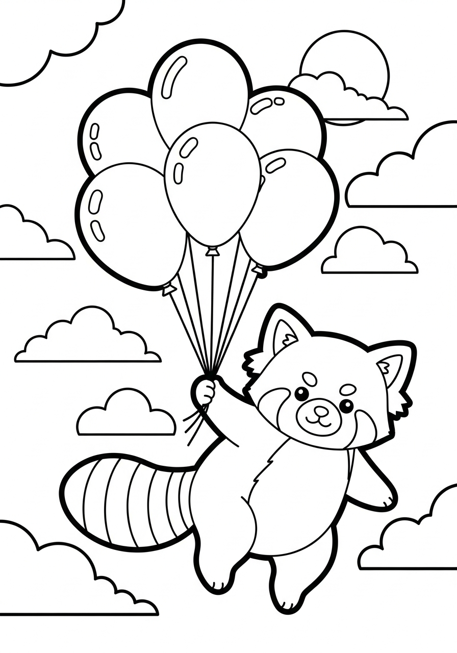 Red panda holding flying balloons coloring page