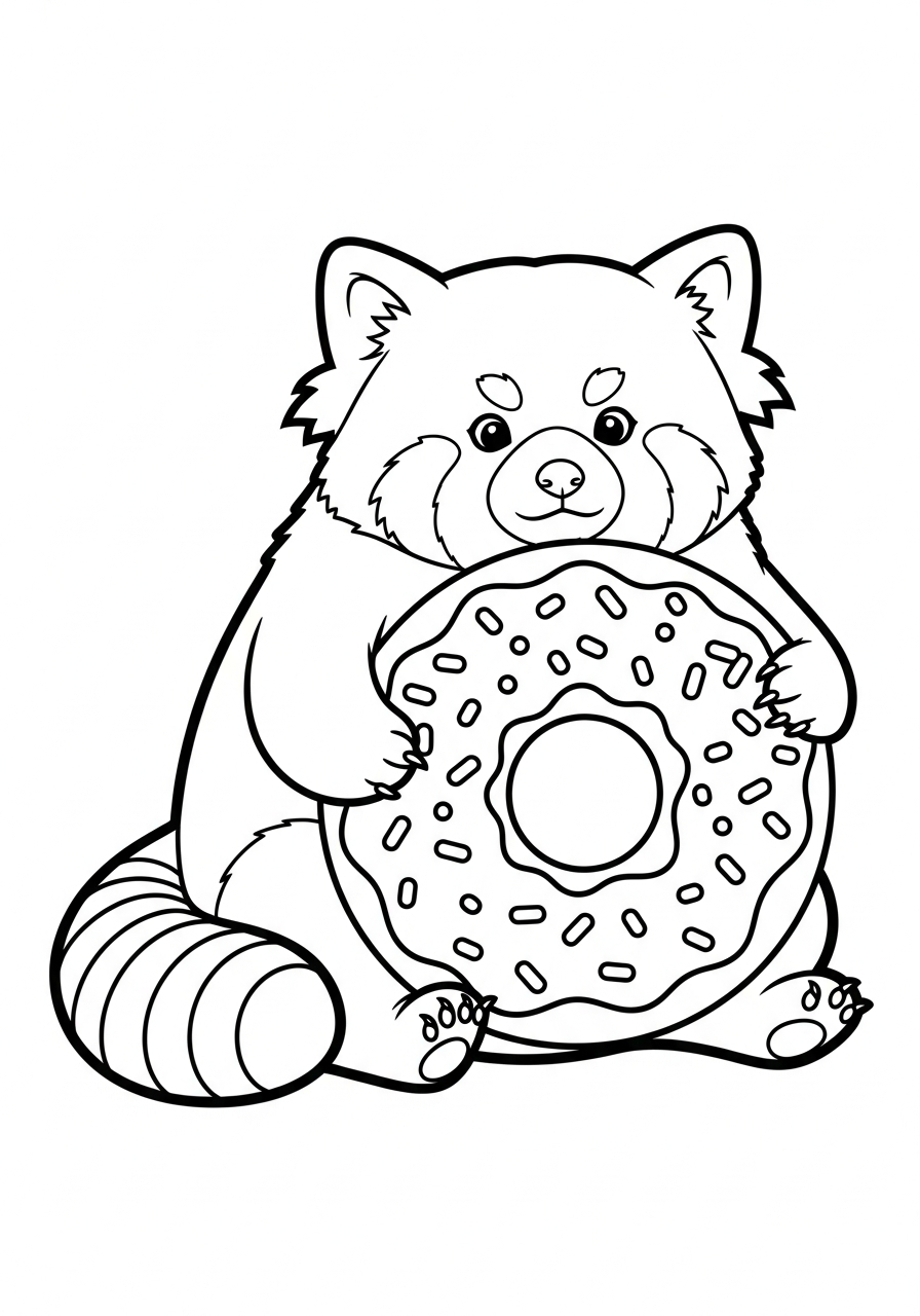 Red panda holding giant donut coloring page