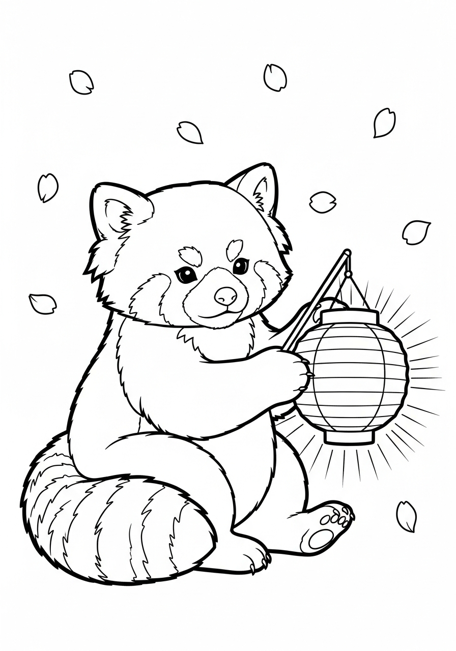 Red panda holding paper lantern coloring page