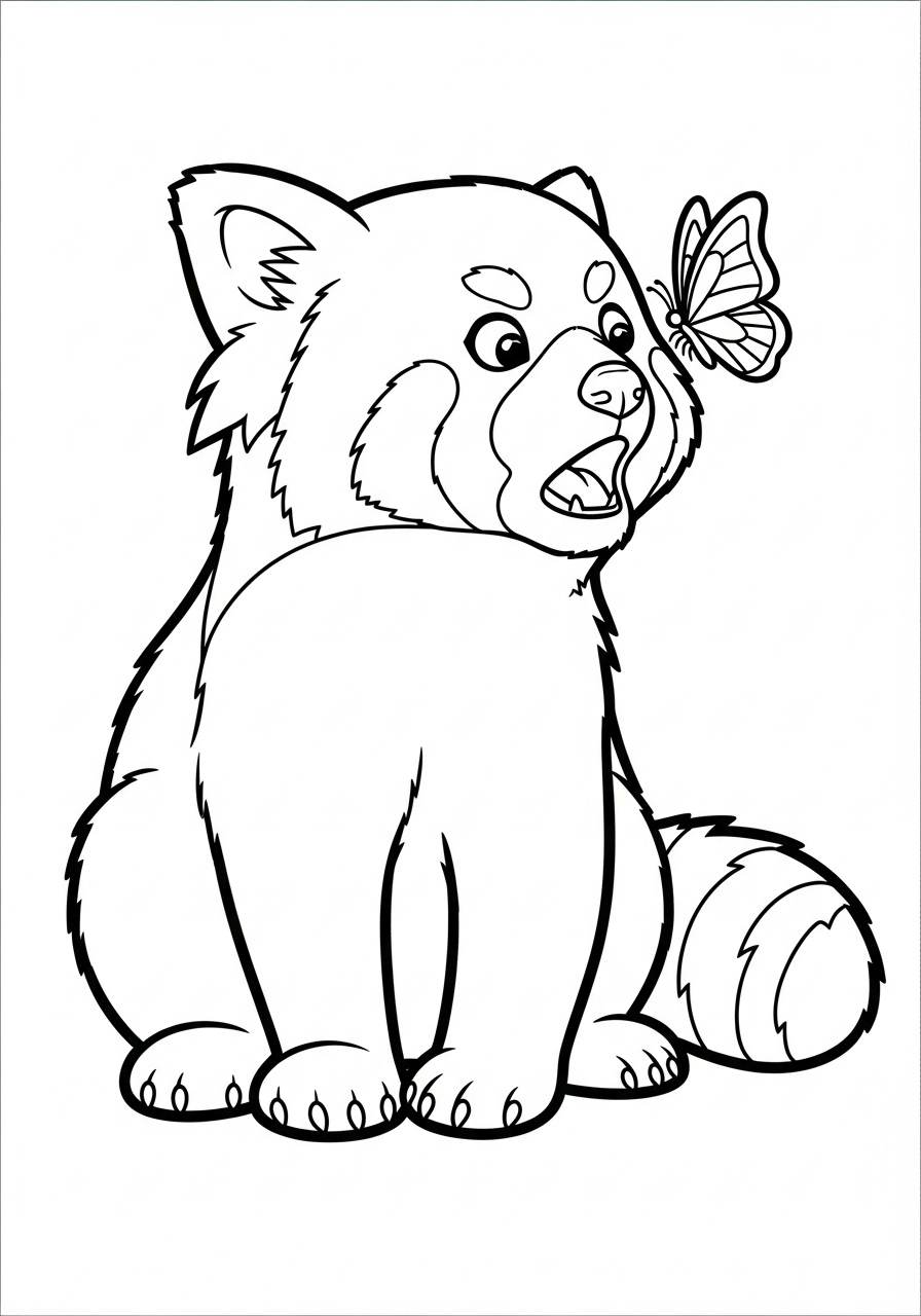 Red panda looking at butterfly coloring page