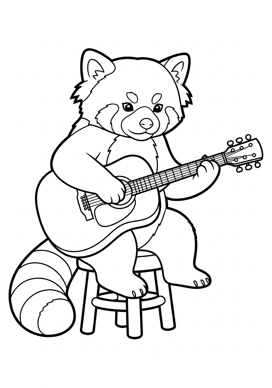 Red panda playing acoustic guitar coloring page