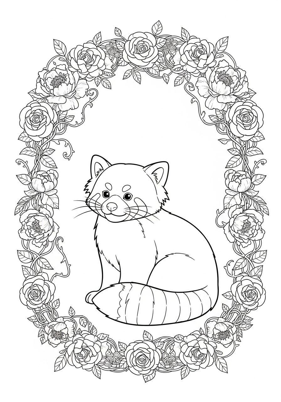 Red panda surrounded by flowers coloring page