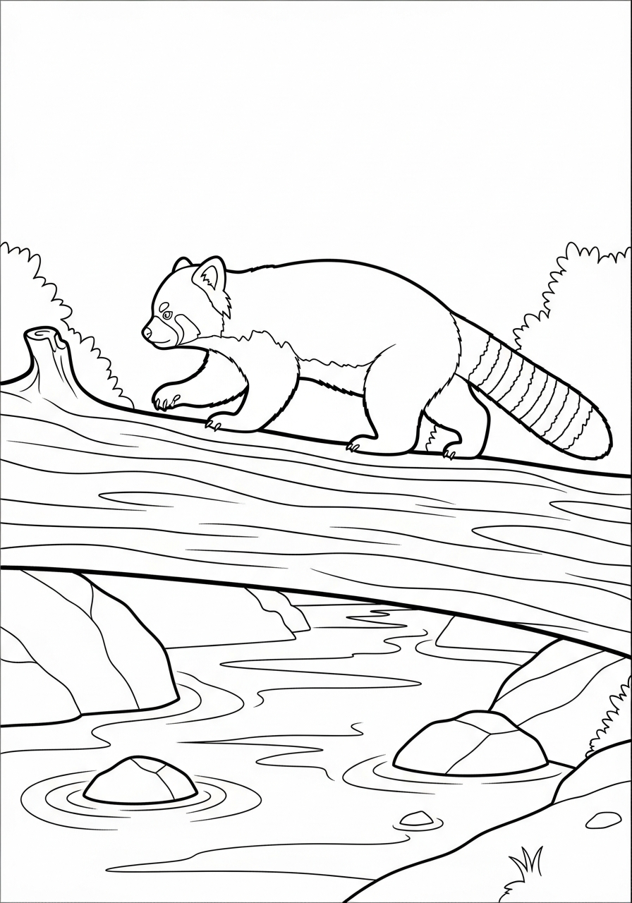 Red panda walking on log coloring page