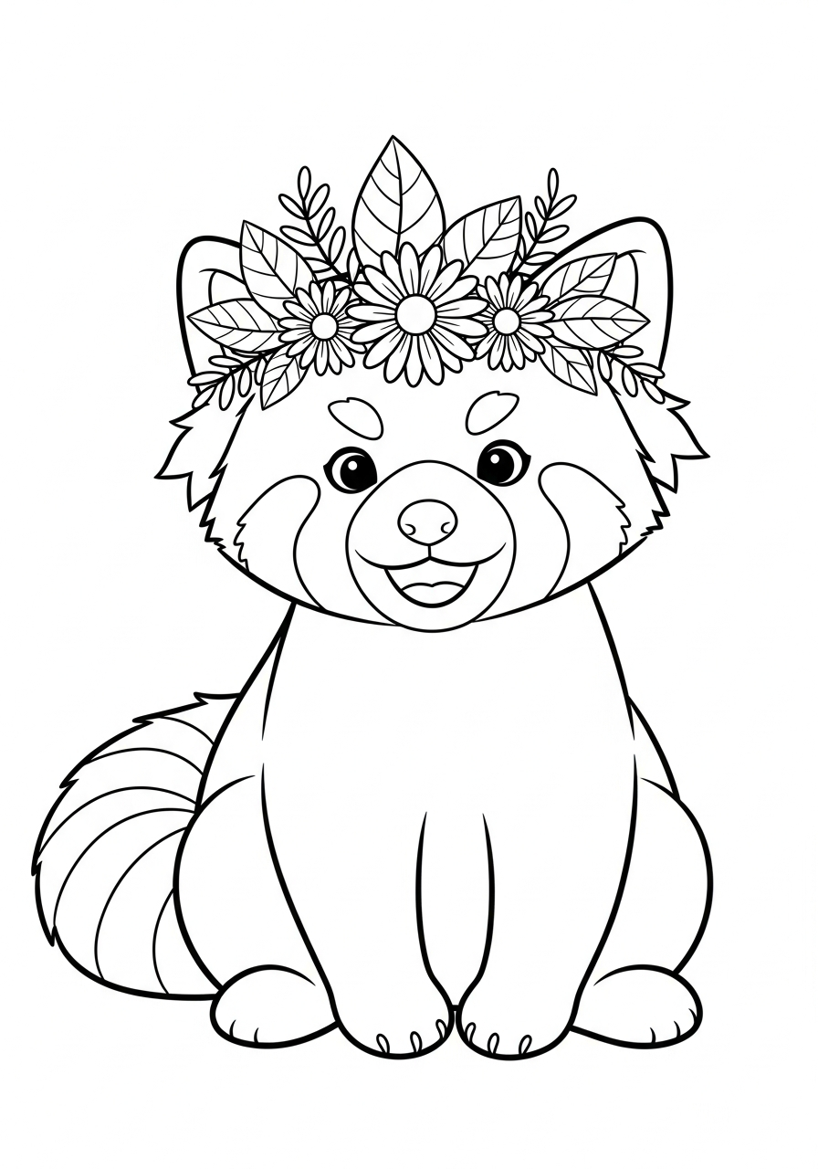 Red panda wearing flower crown coloring page