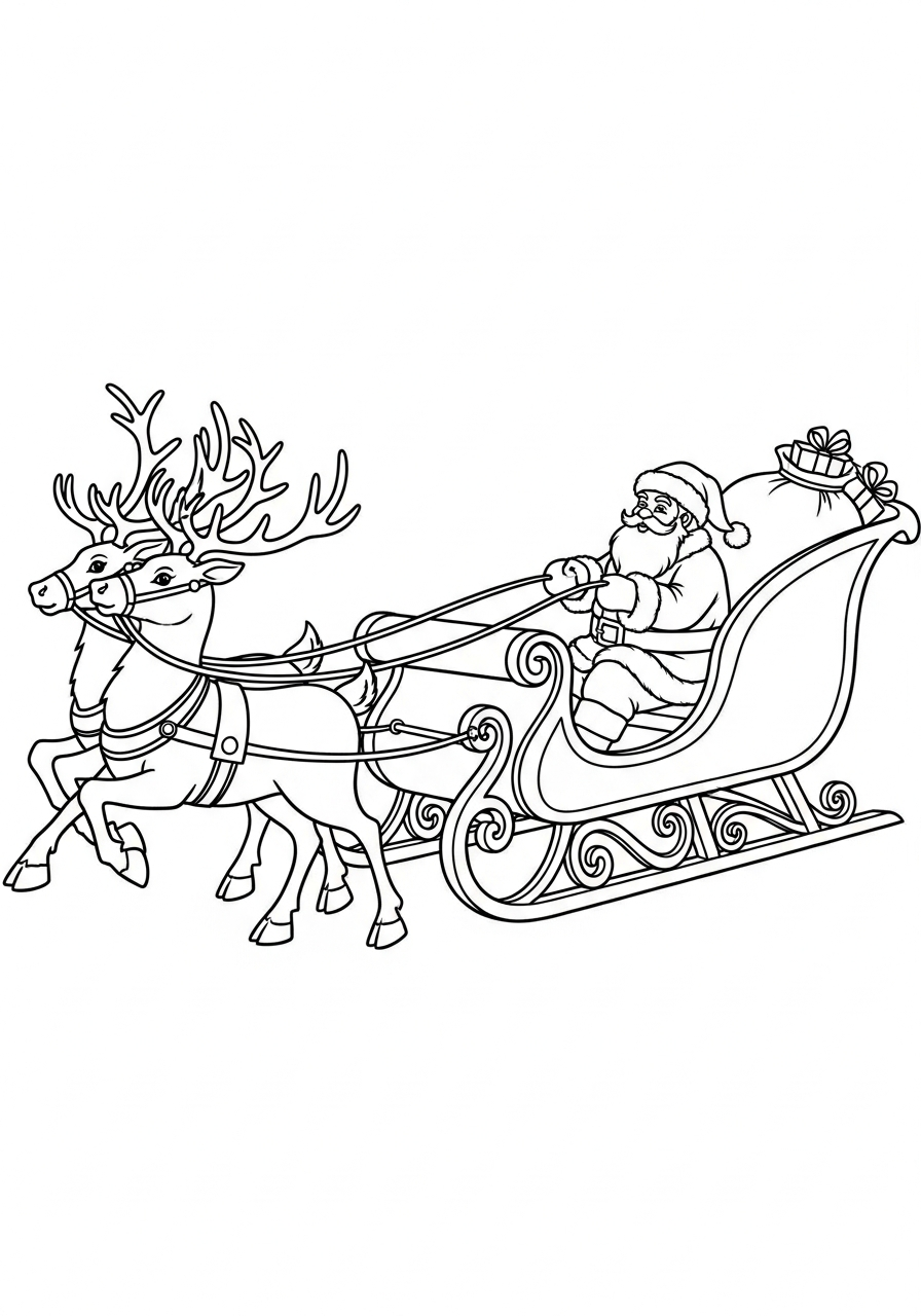 Santa Sleigh Coloring Pages 16 Reindeer harnessed to Santa sleigh coloring page