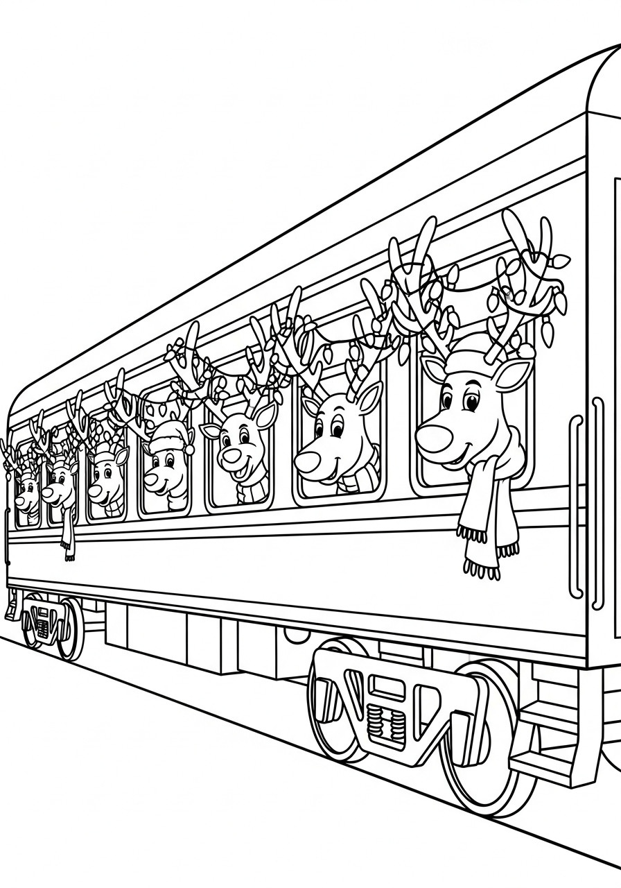 Christmas Train Coloring Pages 12 Reindeer looking out train windows coloring page