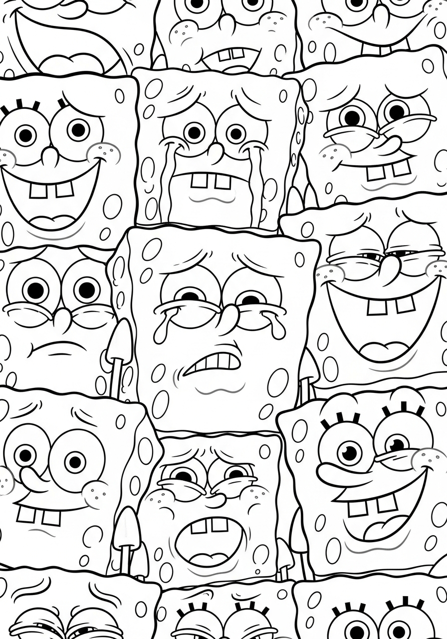 Repeated pattern of Spongebob funny faces coloring page