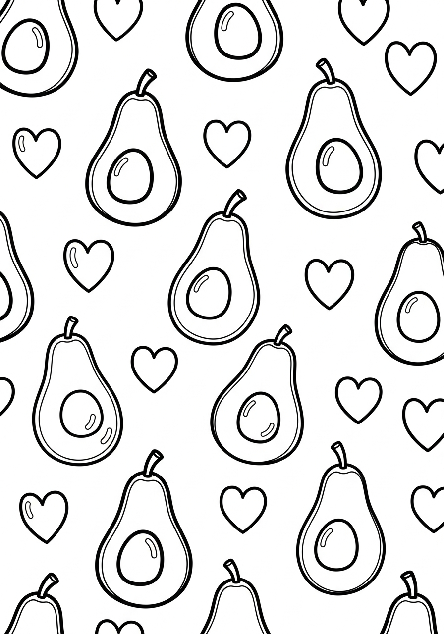 Repeating avocado and hearts pattern coloring page