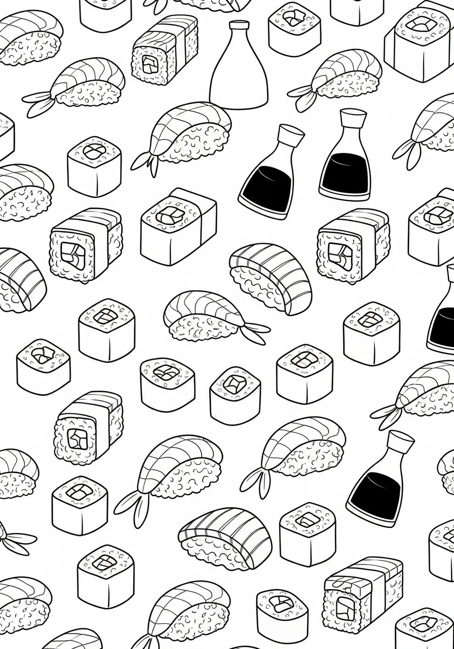 Repeating sushi and maki pattern coloring page