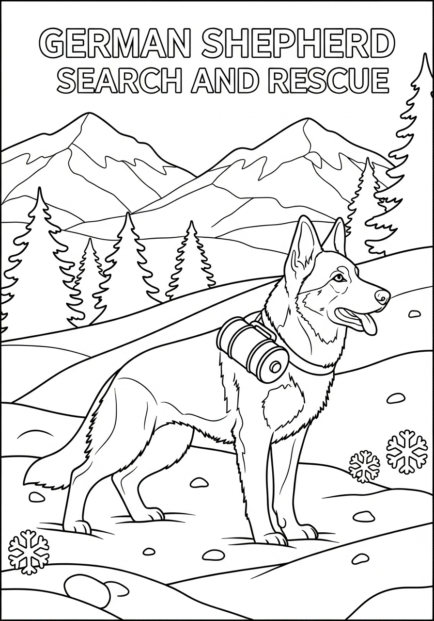 Rescue German Shepherd in snow coloring page