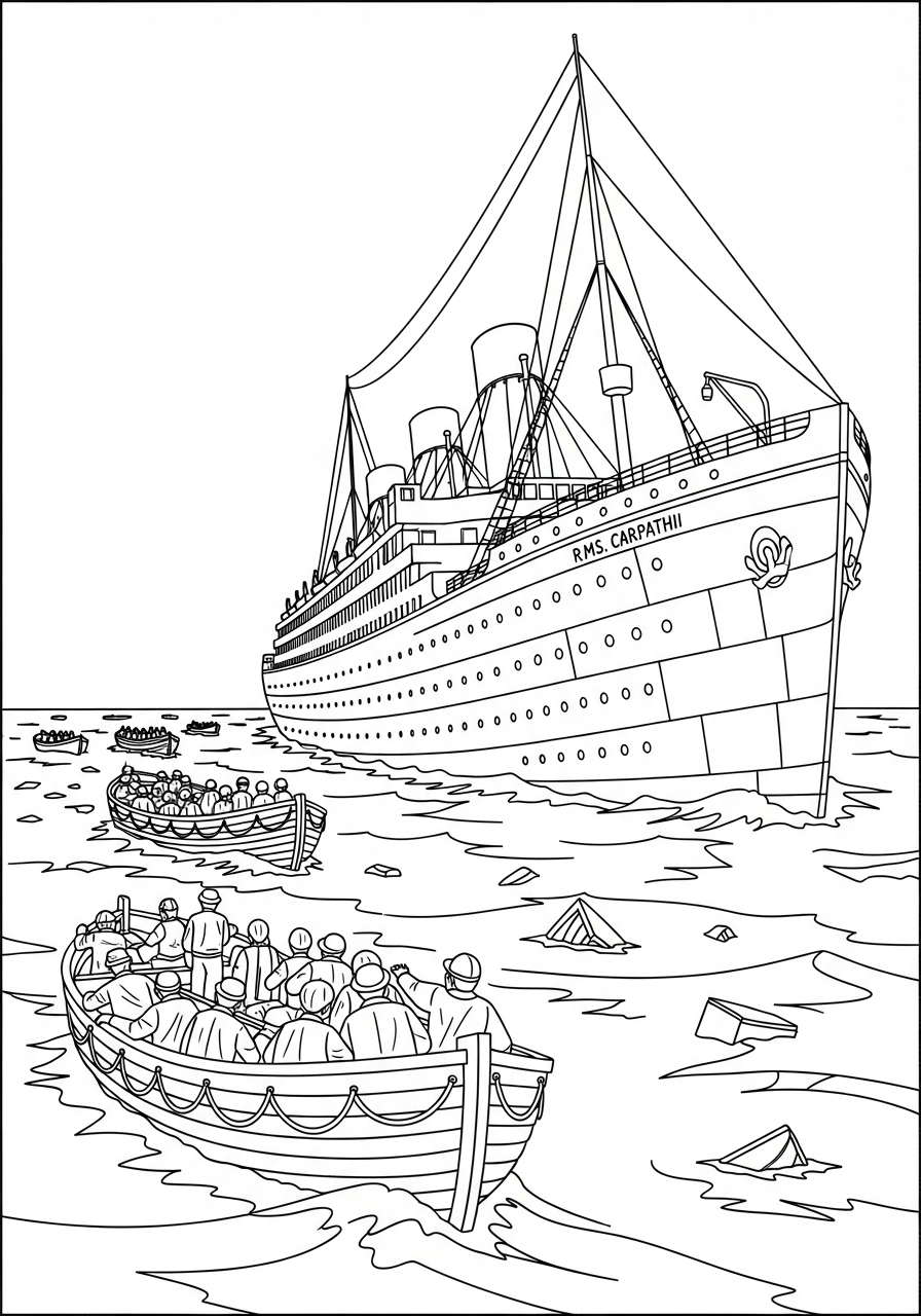 Rescue ship arriving to save survivors coloring page