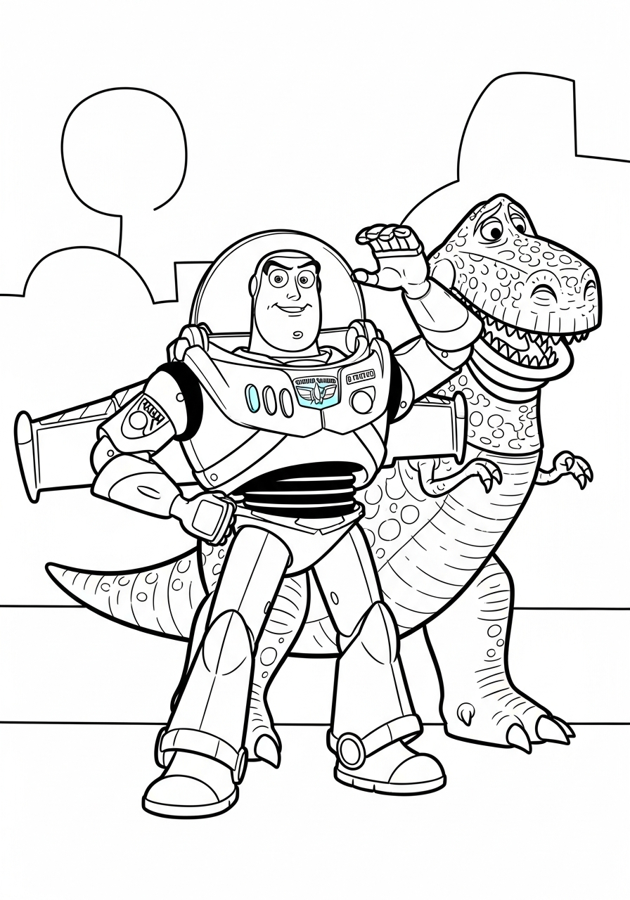 Buzz Lightyear Coloring Pages 26 Rex hiding behind Buzz Lightyear coloring page