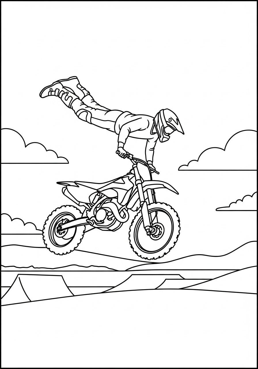Dirt Bike Coloring Pages 24 Rider doing FMX Superman trick mid-air coloring page