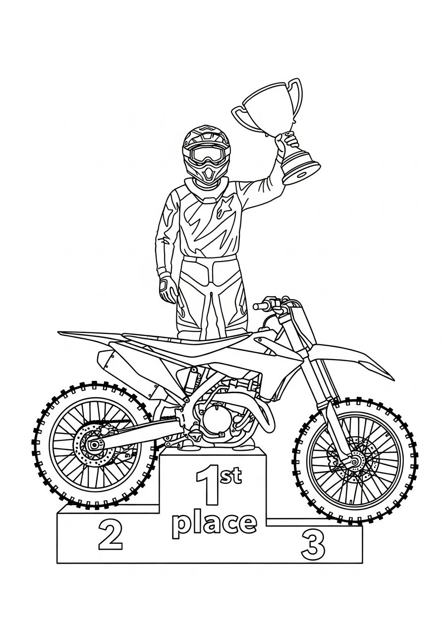 Dirt Bike Coloring Pages 25 Rider on first place podium with trophy coloring page
