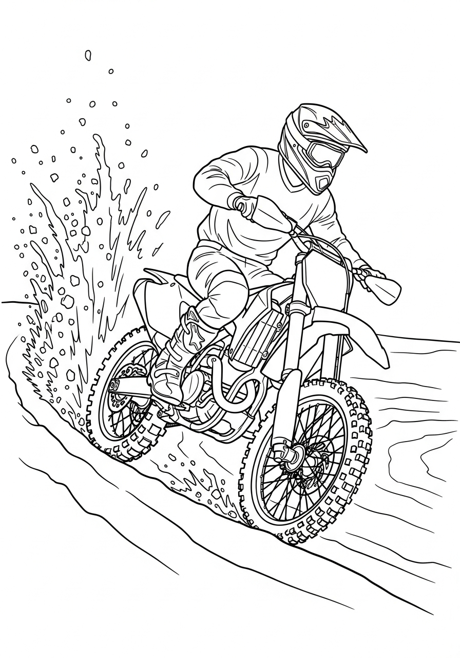 Dirt Bike Coloring Pages 26 Rider takes sharp turn spraying dirt coloring page