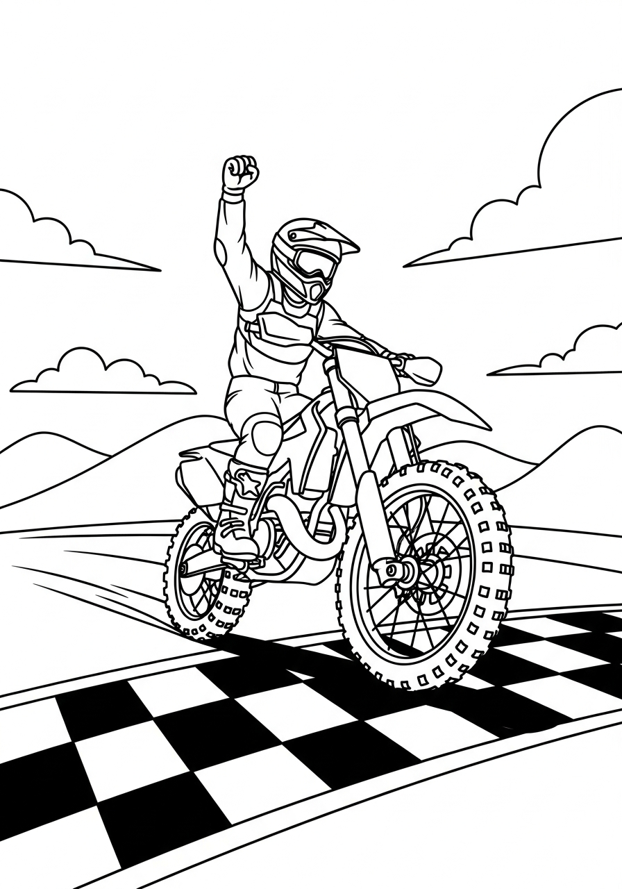 Dirt Bike Coloring Pages 27 Rider winning race at finish line coloring page
