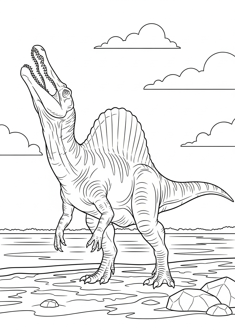Roaring Spinosaurus on riverbank coloring page