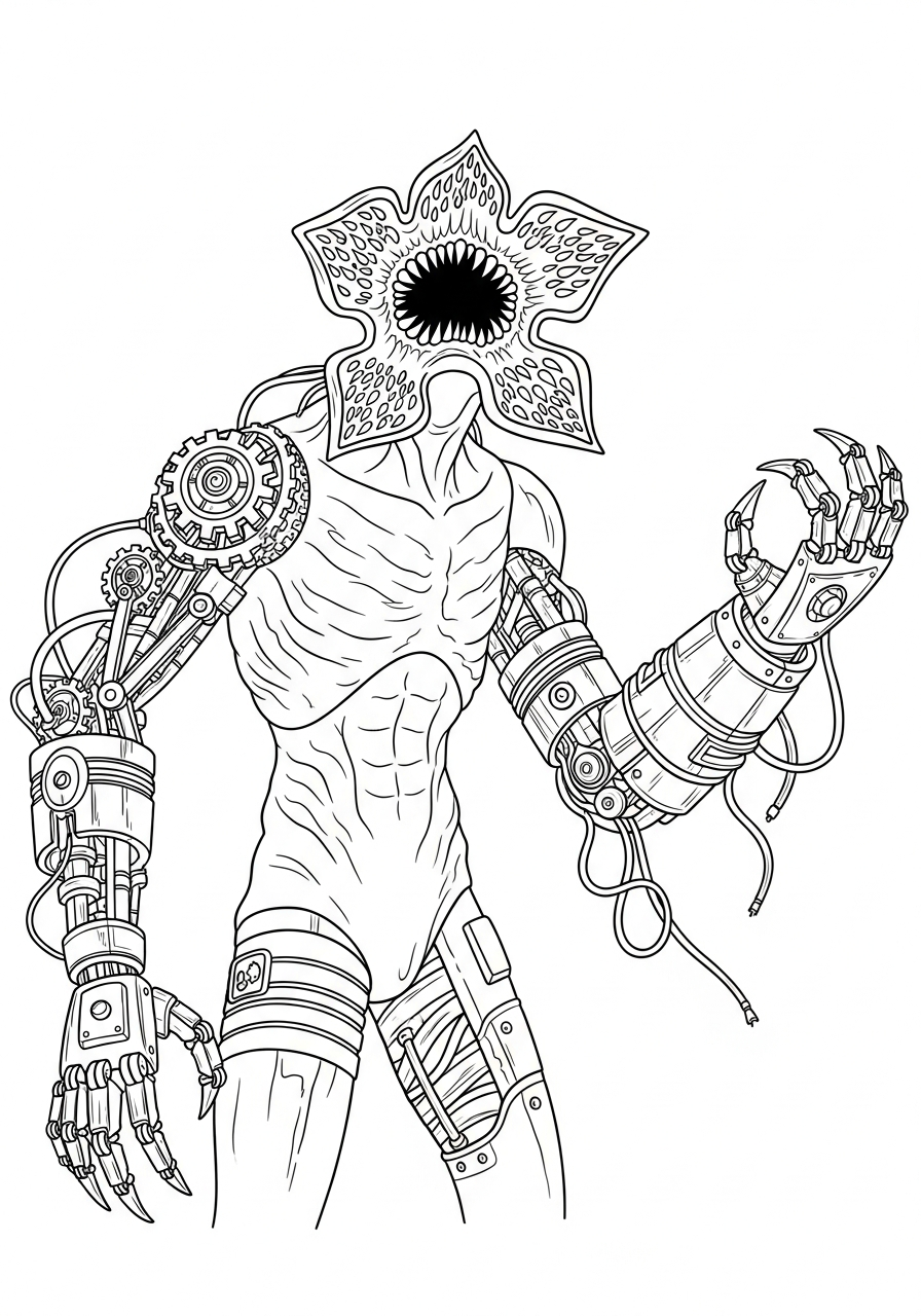 Robot mechanical Demogorgon with gears coloring page