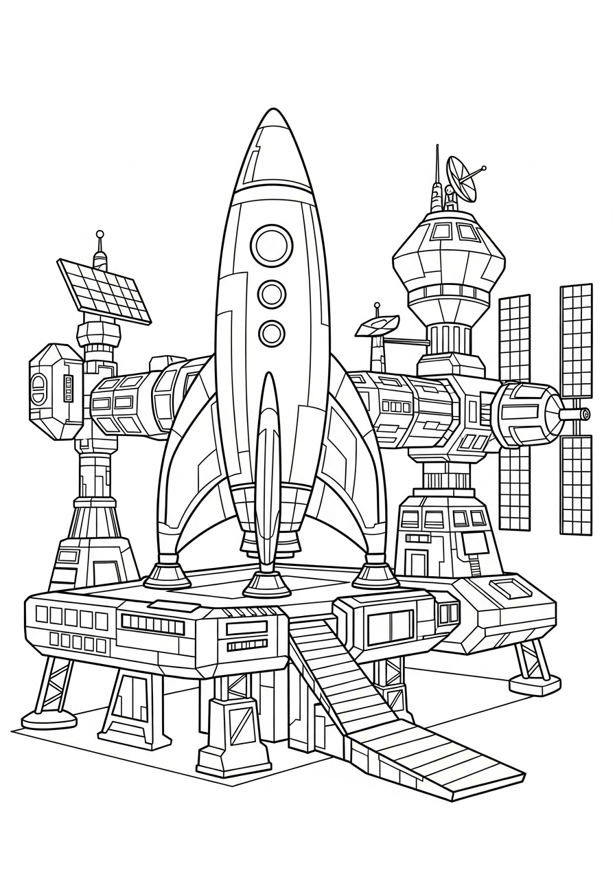 Rocket Ship Coloring Pages 12 Rocket docked at space station coloring page