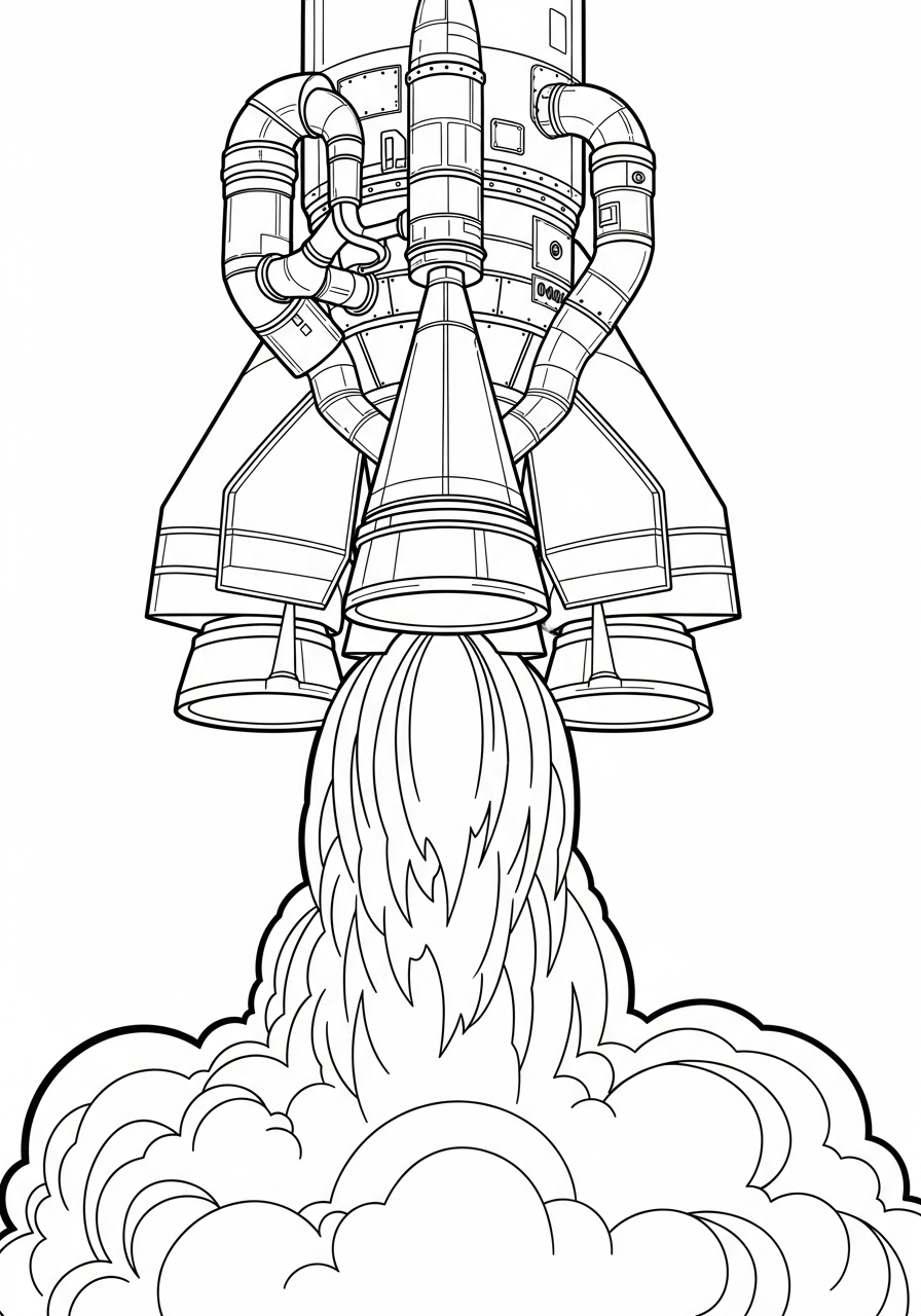 Rocket Ship Coloring Pages 13 Rocket engine with detailed flames coloring page