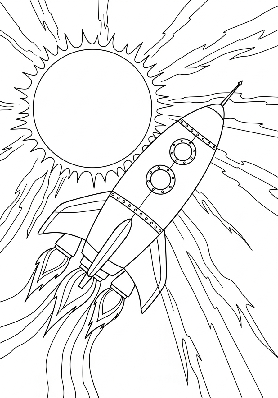 Rocket Ship Coloring Pages 14 Rocket flying near a fiery sun coloring page