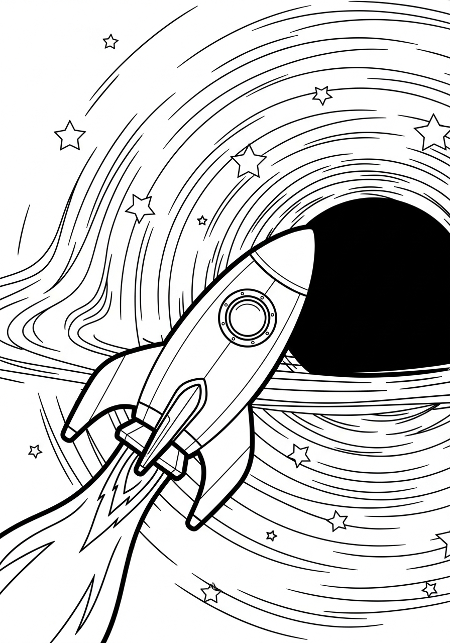 Rocket Ship Coloring Pages 15 Rocket flying near swirling black hole coloring page