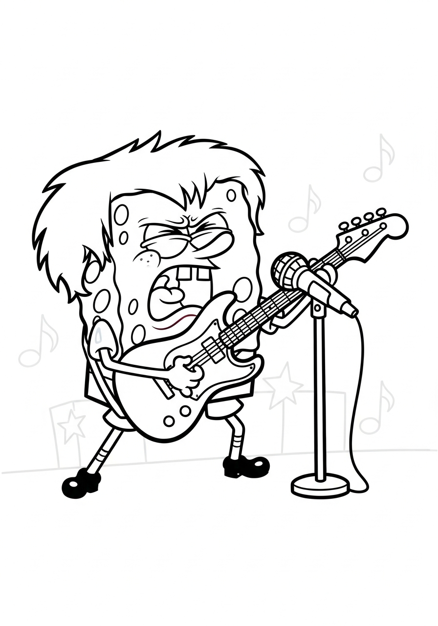 Rockstar Spongebob playing electric guitar singing coloring page
