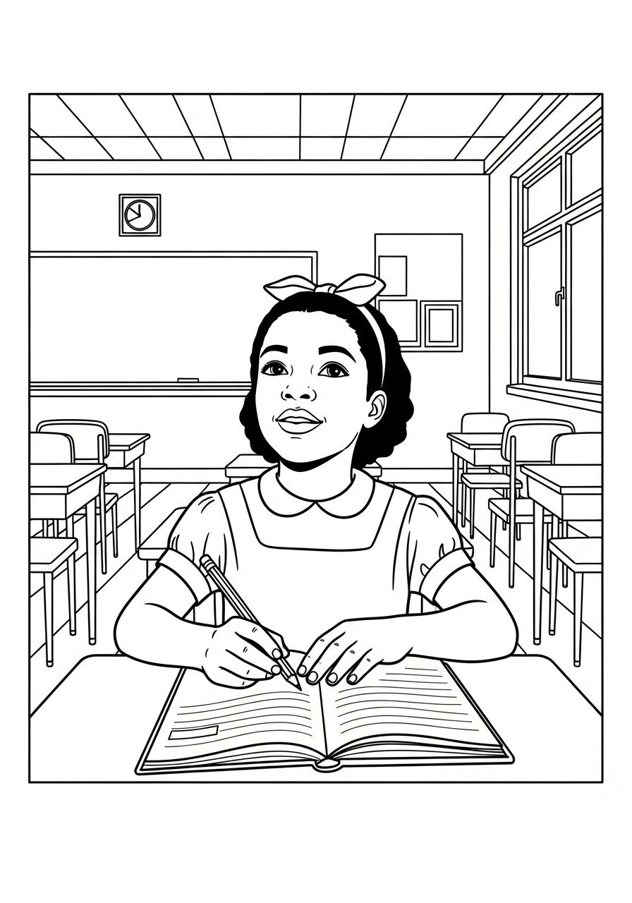 Ruby Bridges alone in classroom coloring page